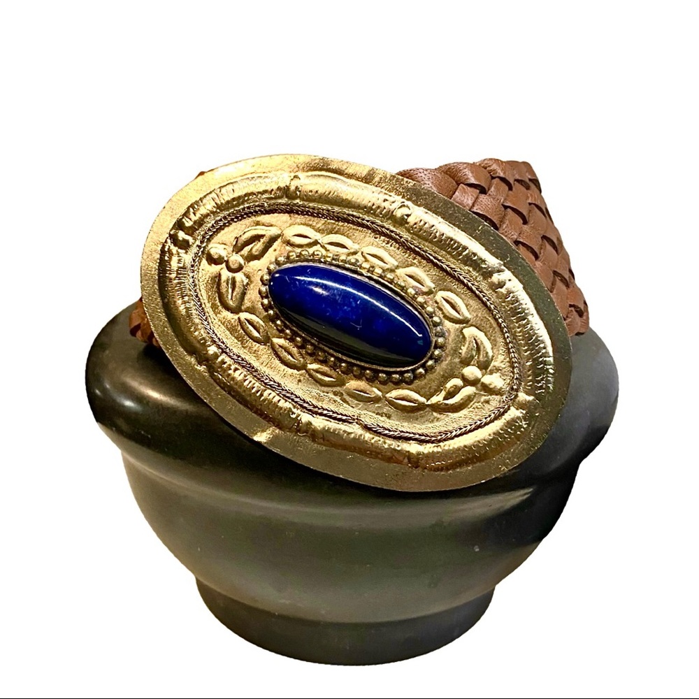 Ladies vegan leather and brass/ blue stone belt.